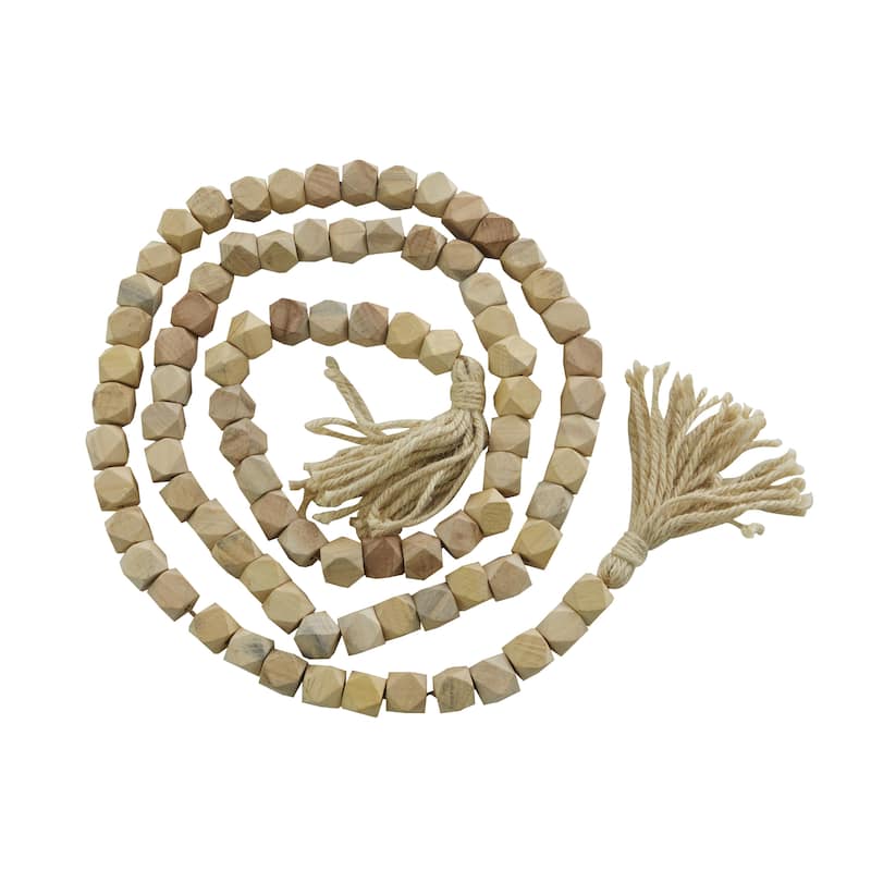 Mango Wood Handmade Hexagon Carved Geometric Long Beaded Garland with Tassel - Roche River Decor - Light Brown - 80"L