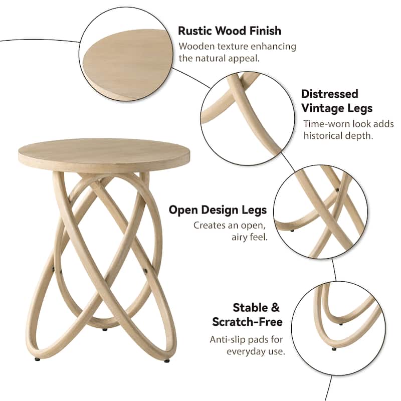 COZAYH Farmhouse End Table Round Wood Side Table Rustic Plant Stand With Intertwined Line Design