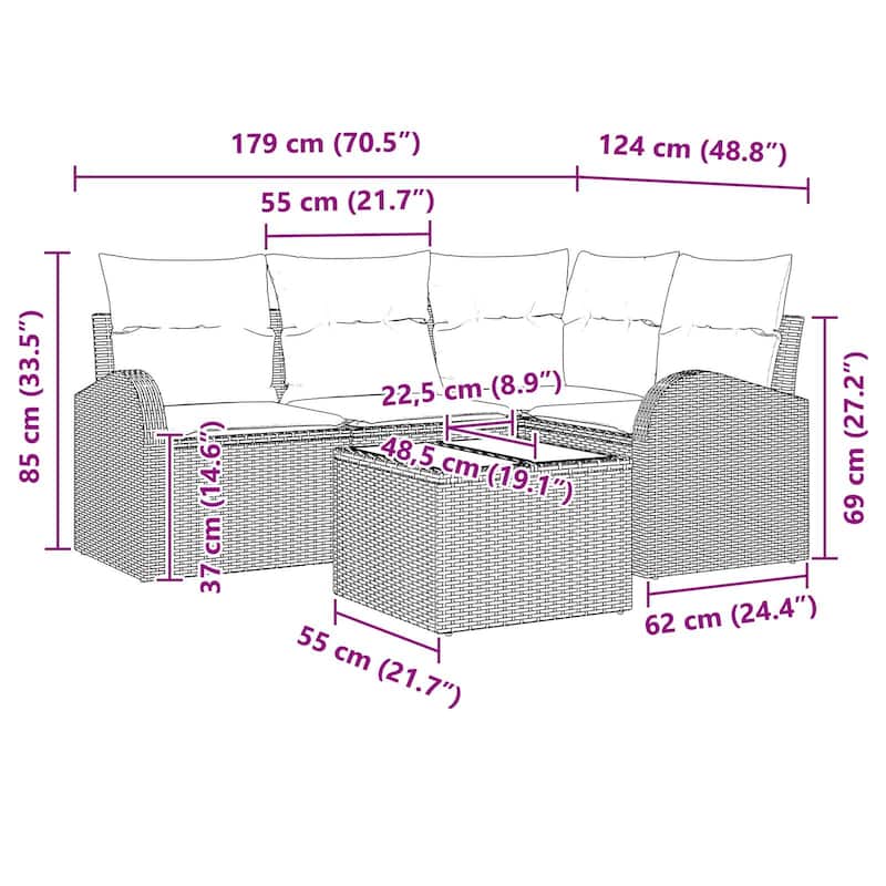 vidaXL 4/5 Garden Sofa Set with Cushions Black/Brown/Grey Wicker - 70.5 x 48.8 x 27.2