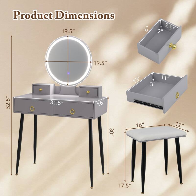 Costway Vanity Makeup Dressing Table Stool Set 3-Color Lighted Mirror - See Details