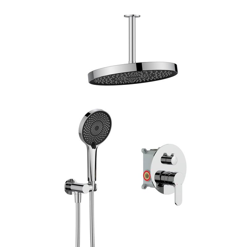 12 inch Wall-Mounted Round Shower System with Rough-in Valve and Handheld Shower - Chrome