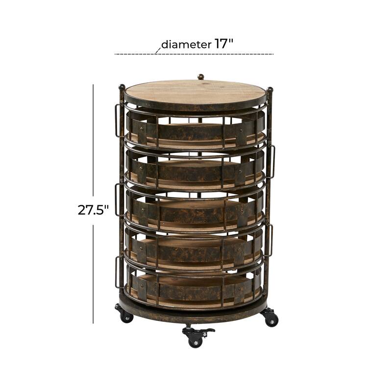 Metal Kitchen Rolling Circular 6 Shelf Storage Cart with Adjustable Shelves - Brown - Roche River Decor - 17"W x 17"L x 28"H
