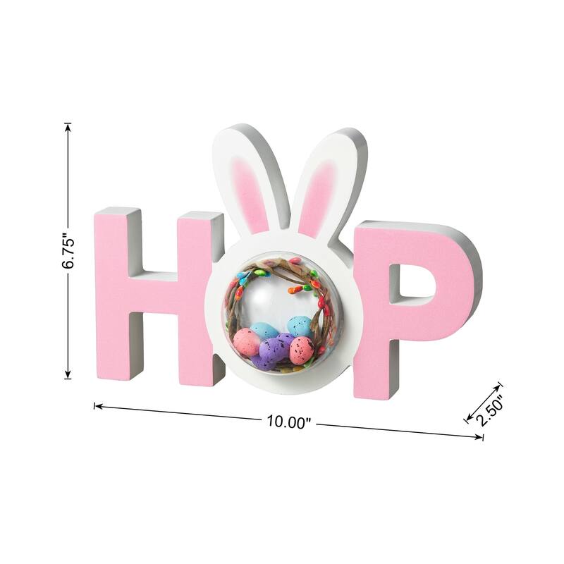 Glitzhome Wooden EASTER HOP Happy Easter with Artificial Rattan Table Sign Decor Centerpiece