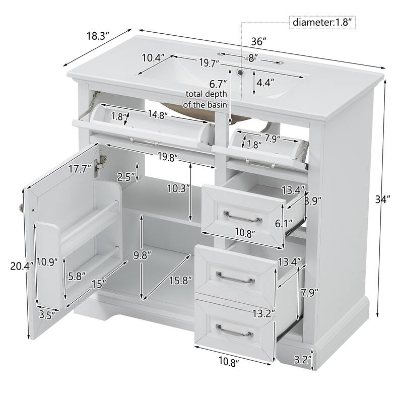 Bathroom Vanity with Ceramic Sink, Wooden Bathroom Storage Cabinet, Bathroom Vanities with 2 Tip-Out Drawers & Soft-Close Door