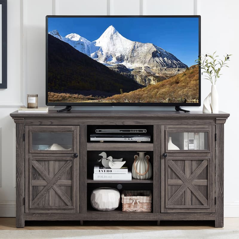 Farmhouse TV Stand, 2-Door Cabinet Media Stand with Barn Design and Open Shelving, for Living Room, Grey - Grey