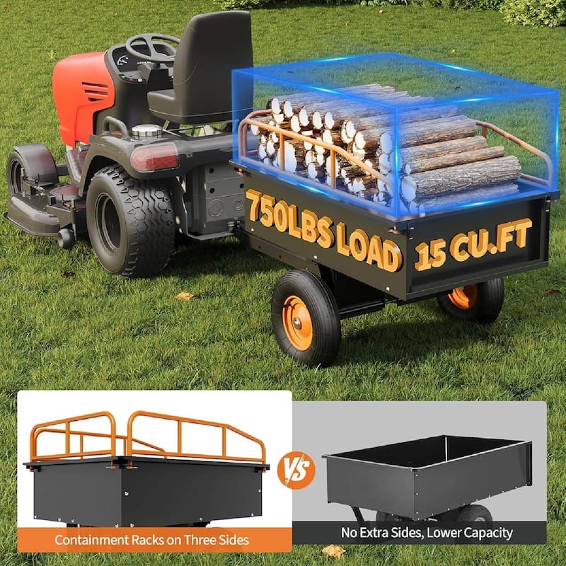 Heavy-Duty 750 LBS Capacity Dump Cart, Steel Trailer for Garden, Yard & Towing Behind Lawn Mower