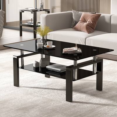 Black Tempered Glass Coffee Table with Shelf