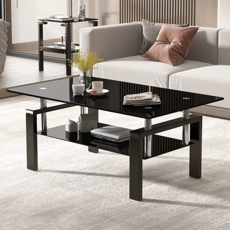 Tempered Clear Glass Coffee Table, 2-Layers Coffee Table Living Room Center Table