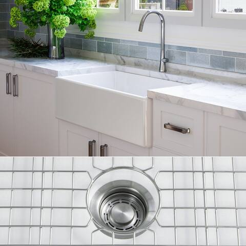 Fossil Blu 33-Inch SOLID Fireclay Farmhouse Sink in White, Stainless Steel Accessories, Flat Front - 33 x 20 x 10