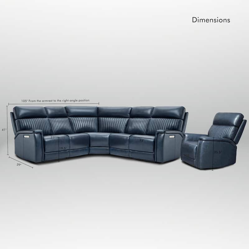 105" W Genuine Leather Power Reclining Sectional and Recliner Sofa Set with USB&USB-C Port, 2 Stationary Armlesschairs