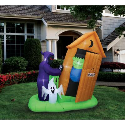 A Holiday Company 6ft Inflatable Animated Monster Outhouse Scene, 6.5 ft Tall, Multi