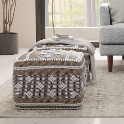 WYNDENHALL Boxwood Boho Square Pouf in White, Beige, Grey Polystyrene Filling