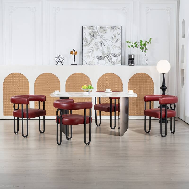 Wine Red PU Upholstered Accent Chair Dining Chair Barrel Side Chairs Kitchen Armchair for Living Room Dressing Room Set of 4