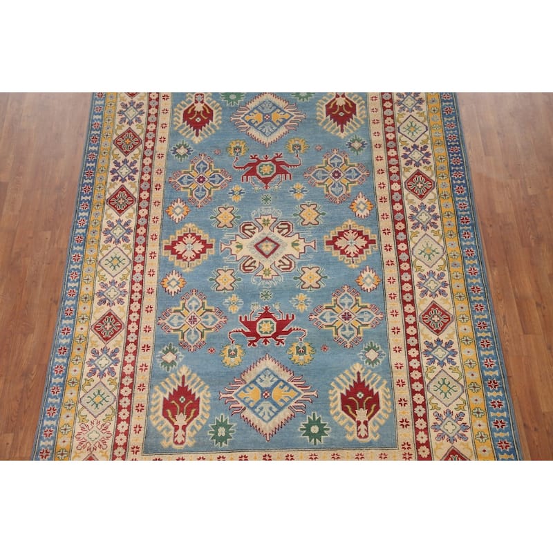 Hand Knotted Oriental 100% Wool Carpet Traditional Geometric Navy Blue & Blues Kazak Area Rug - 9' 6'' X 6' 6''