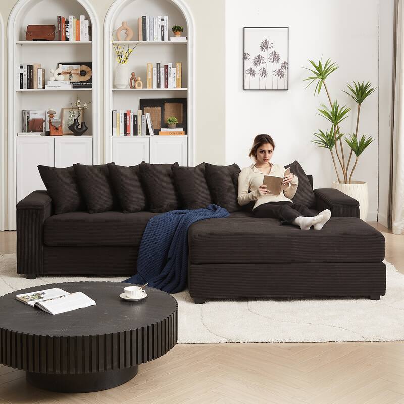 GDFStudio - Peregrine L-Shaped Corduroy Sectional Sofa with Pillows and Armrest Storage - Black