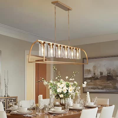 Modern Lantern 6-Light Island Farmhouse Chandelier Linear Pendant with Cylinder Glass - 51.2"W x 9.8"D x 25.8" - 75.8"H