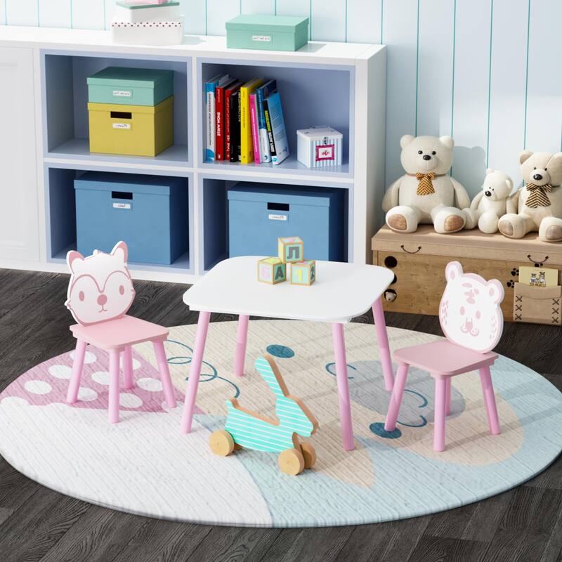 Anmytek Toddler 3-Piece Wooden Table and Chair Set Kids Activity Desk with Animal Backrest for Playroom Nursery