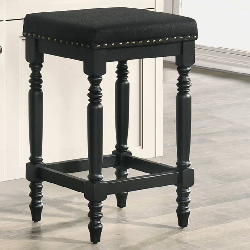 Rustic Wooden Counter Stool With Padded Seat Set Of 2-26 Inch Walnut Barstool With Nailhead Trim,Distressed Finish & Turned Legs