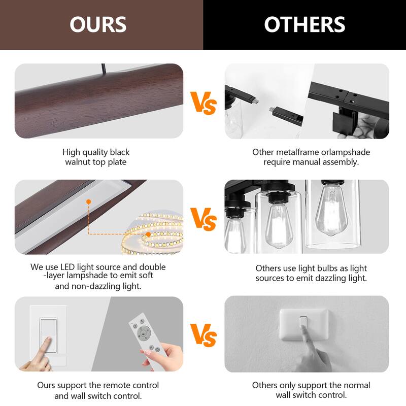 51-inch Streamline Wooden LED Pendant Light with Remote Control, Adjustable Hanging Light for Dining Room, Living Room - Walnut