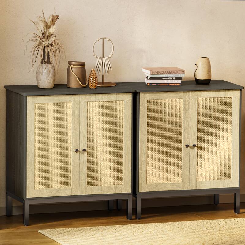 Rattan Accent Buffet Sideboard Storage Cabinet with 2 Doors