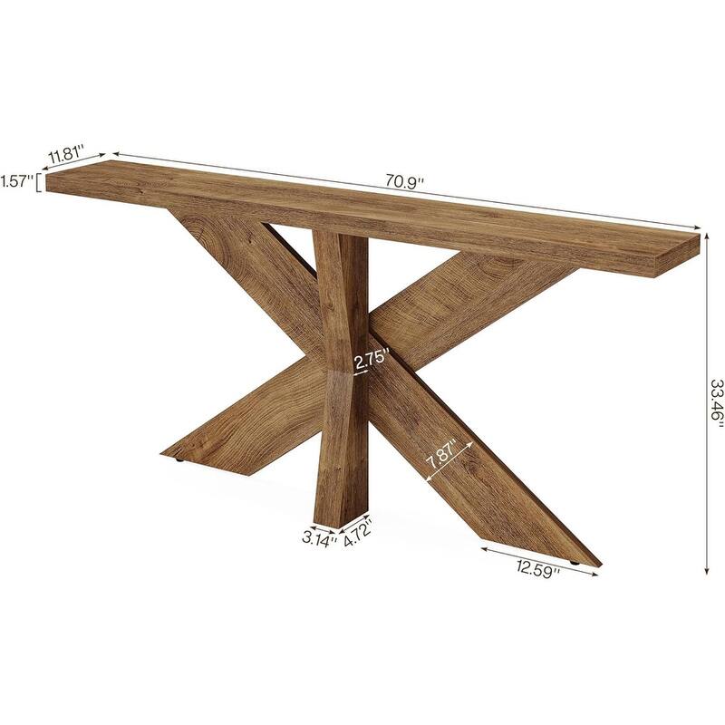 70.9" Oak Brown Farmhouse Console Table with Geometric Base, Long Sofa Table for Entryway or Hallway