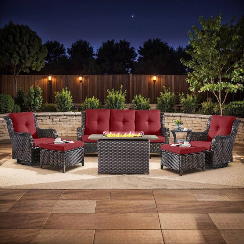 Fire Pit Table with Patio Glider Chairs Sofa Chairs Table - Brown - Red