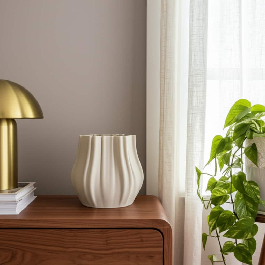 Stoneware Vase 3D Printed Sculpted Fluted Textured Curved