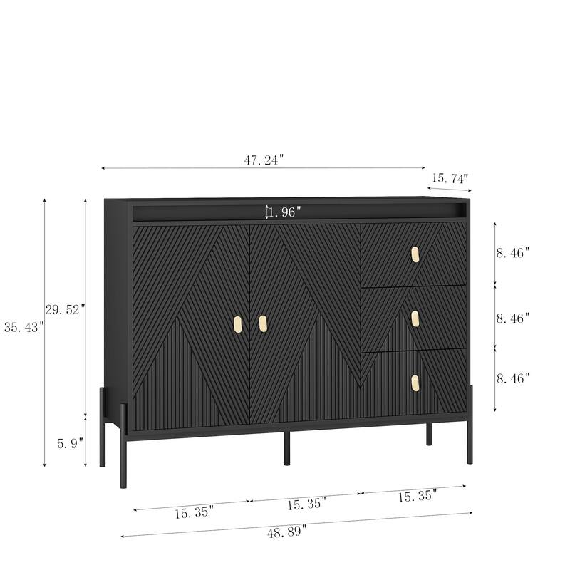 Fluted Sideboard Cabinet with LED Lights, 2 Doors & 3 Drawers, Black Buffet/Sideboard - 3 Doors + 3 Drawers