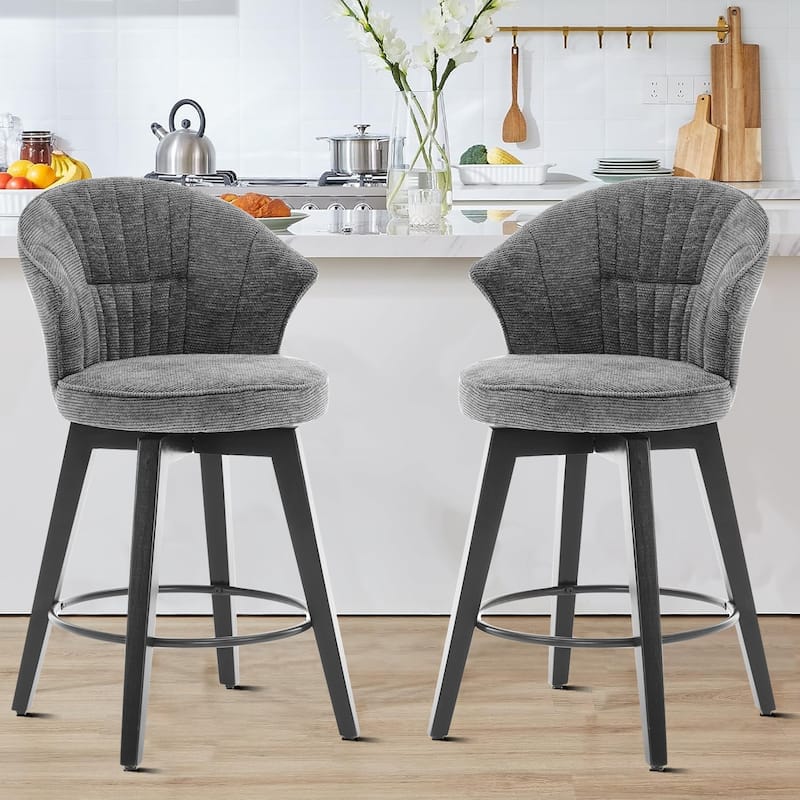 Modern Set of Two 360° Free Swivel Chenille Upholstered Bar Chairs - Dark Grey