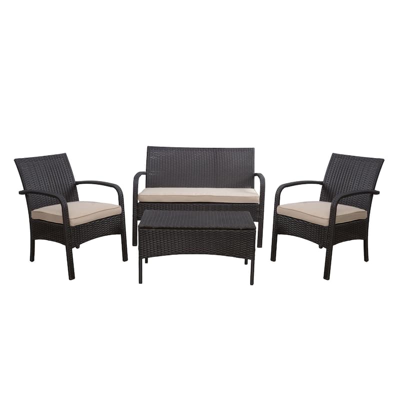 Orry 4pc Outdoor Table Set, 1 Loveseat, 2 Accent Chairs, Tan, Brown Rattan