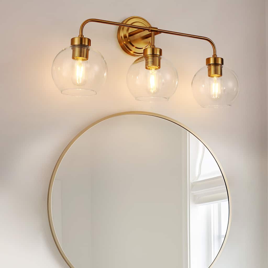 YANSUN 24.02in Gold 3-Light Vanity Light with Globle Glass Shade, E26 Bathroom Wall Light Fixture for Makeup Room, Dressing Room