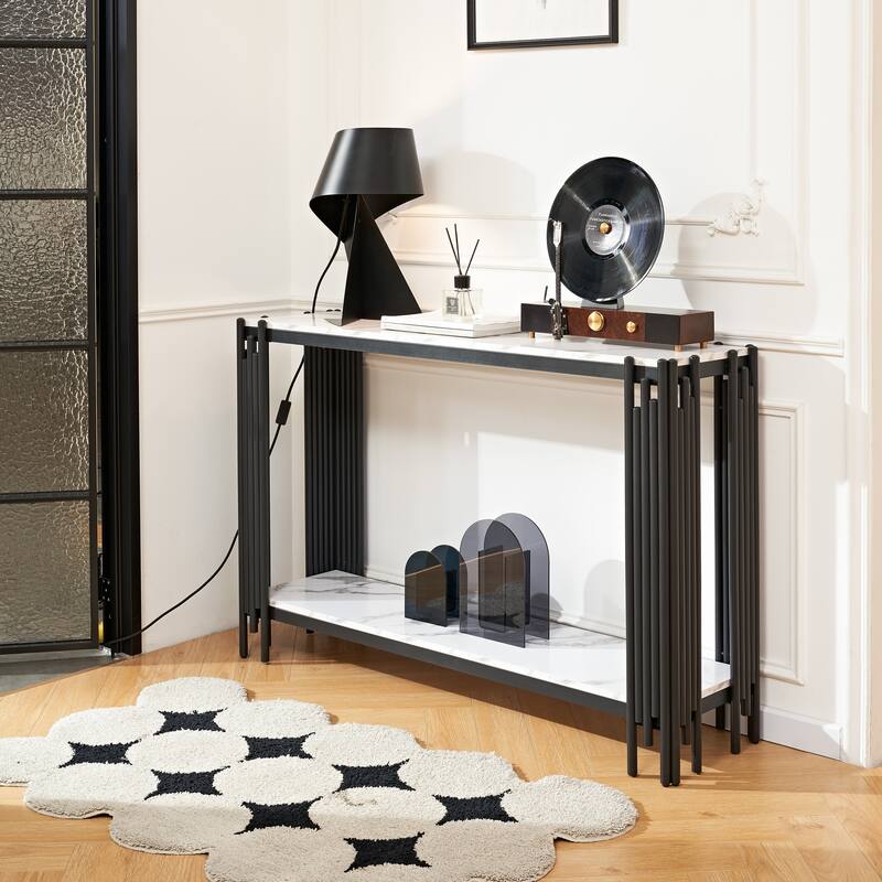 2 Tier Faux Marbling Console Table - Black