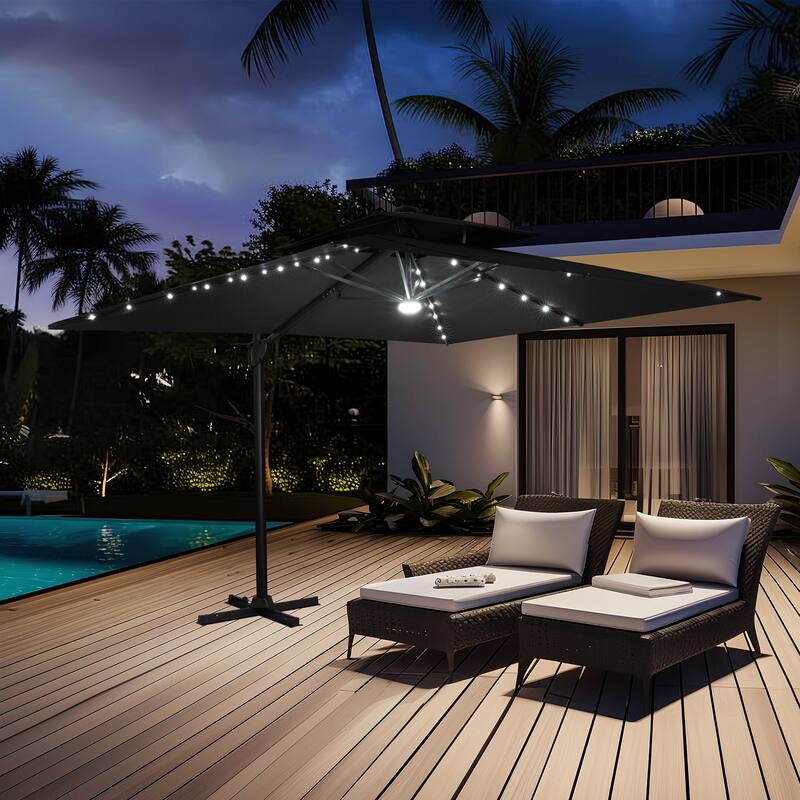 9 FT x 11 FT Outdoor Double Top LED Lighted Patio Cantilever Umbrella