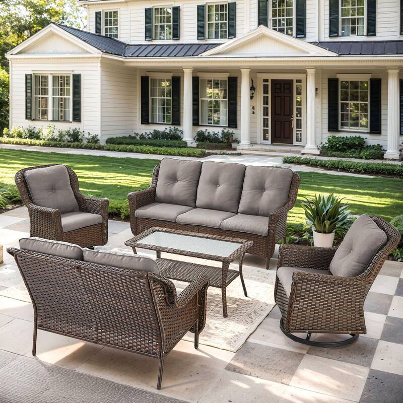 Pocassy Wicker Patio Conversation Set for Backyard - Grey Cushion - 5PCS Sofa with Swivel Chair Table