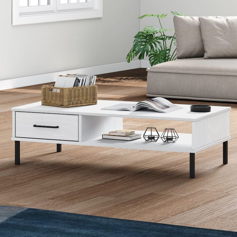 vidaXL Coffee Table Accent Side Sofa End Table with Metal Legs Solid Wood OSLO - 39.4" x 21.7" x 11.4" - White