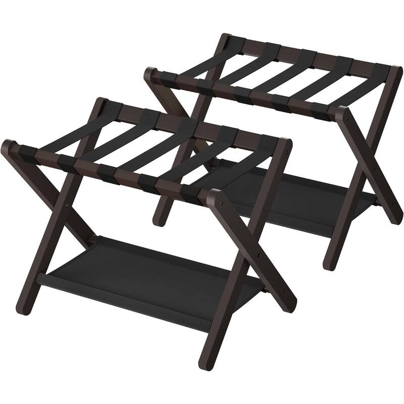 Wood Luggage Rack with Shelf Foldable Suitcase Stand with Nylon Straps for Guest Room or Hotel