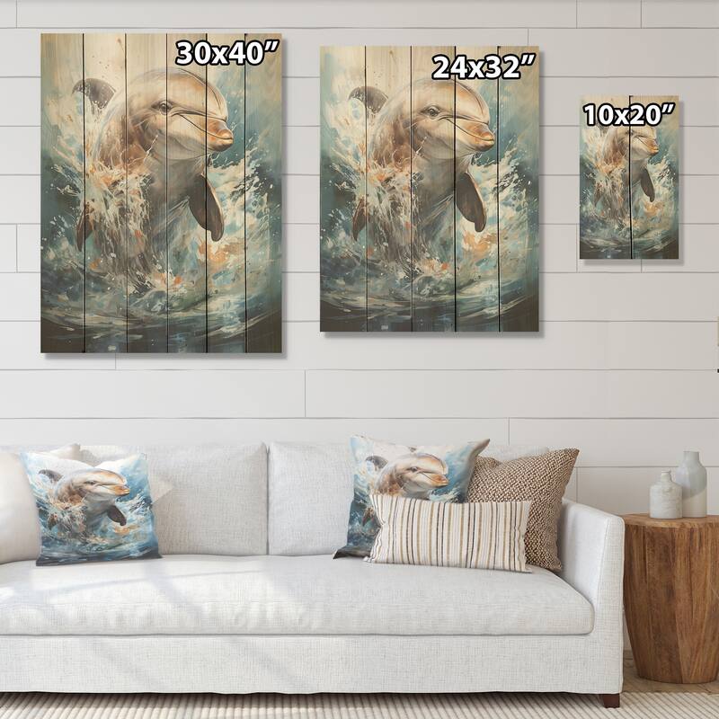 Designart "Dolphin Elegance" Dolphin Wood Wall Decor - Modern Grey Wood Panel On Natural Pine Wood