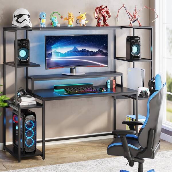 slide 2 of 7, 70 inces gaming desk ,modern black computer desk with hutch storage shelf Black