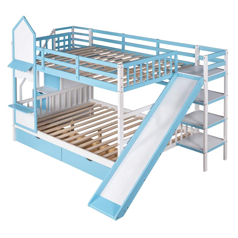 Castle Style Bunk Bed with 2 Drawers 3 Shelves and Slide
