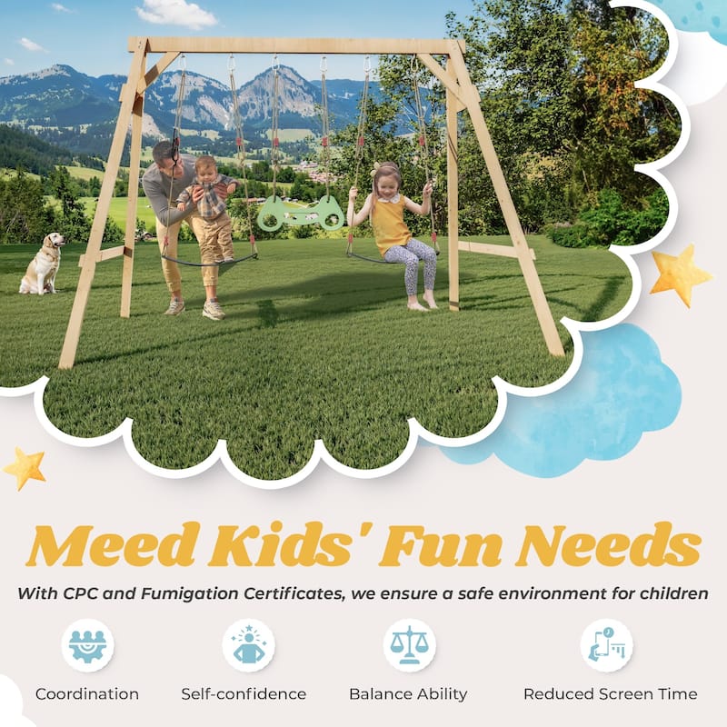 EROMMY All-Weather Cedar Wooden Swing Set - 2 Belt Swings & Trapeze Bar for Kids Backyard - Wood