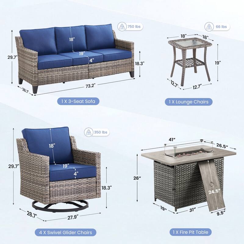 Pocassy 7 Pieces Fire Pit Table w/ Sofa Swivel Chair