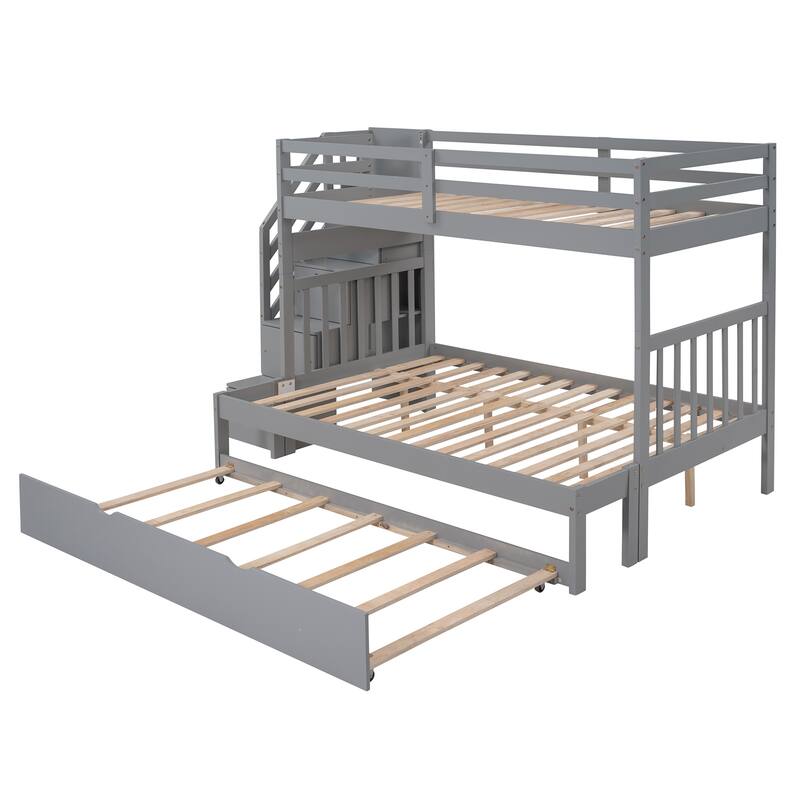 Twin over Full Bunk Bed with Twin Trundle, Gray, Maximized Storage, Sturdy Pine Frame