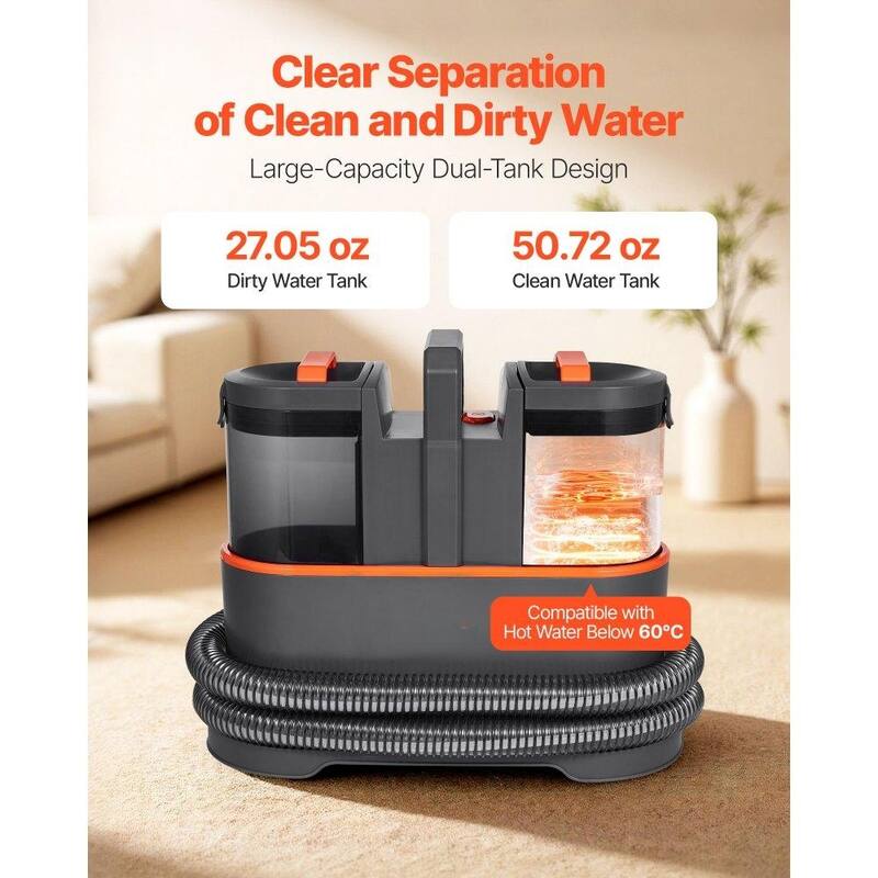 Portable Carpet Cleaner Machine with Powerful 450W Suction and Dual Tank Crevice Tool - 15.16” x 7.48” x 12.91”
