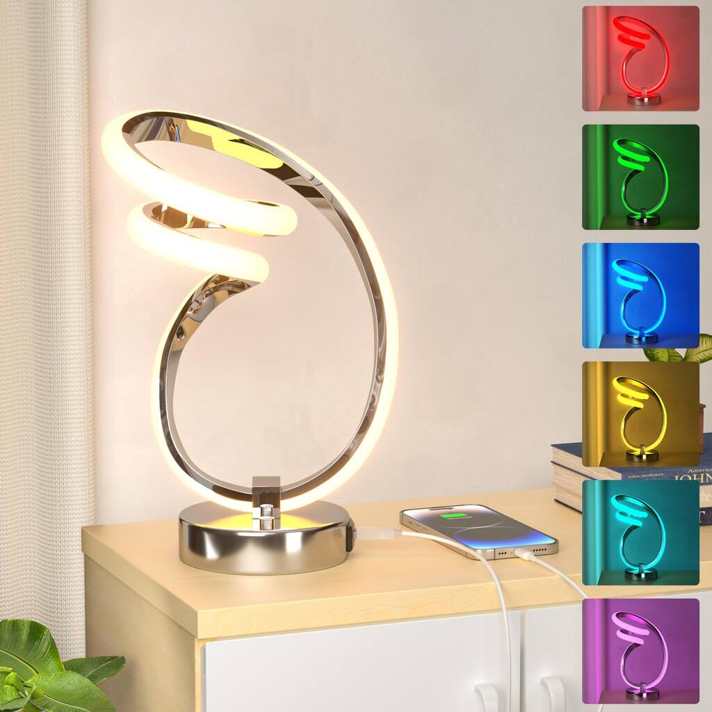 RGB Spiral Table Lamp, with 1 USB Charging Port,7 Colors 10 Light Modes Small Bedside Lamp,24W Dimmable Touch Control Desk Lamp