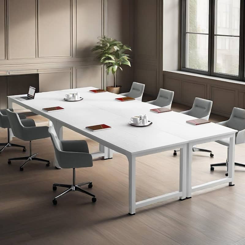Modern Executive Desk with Wood-Grain Top, White Accents & Metal Frame Spacious Computer & Office Workstation