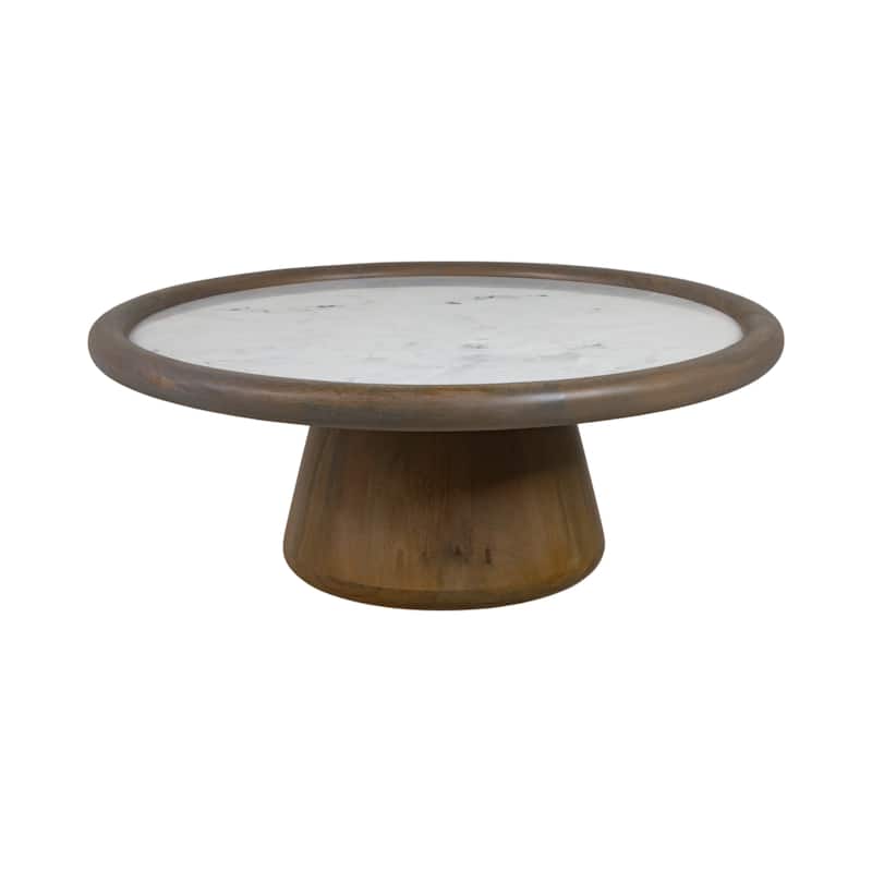 Mango Wood Marble Accent Table Round Drum Base Sculptural Design