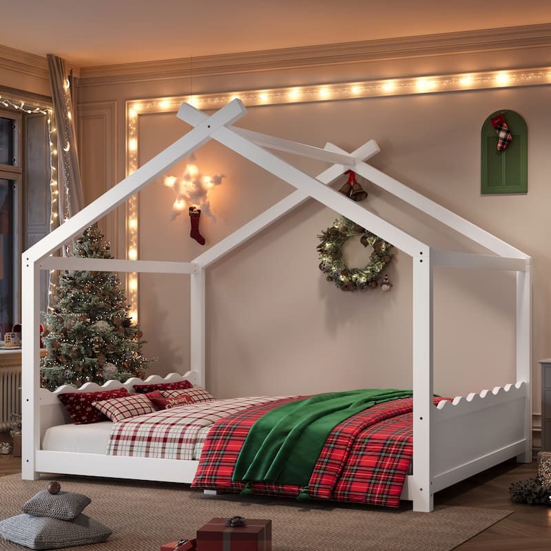 Roomfitters House Floor Bed with Support Slats, Solid Wood Open Frame Design