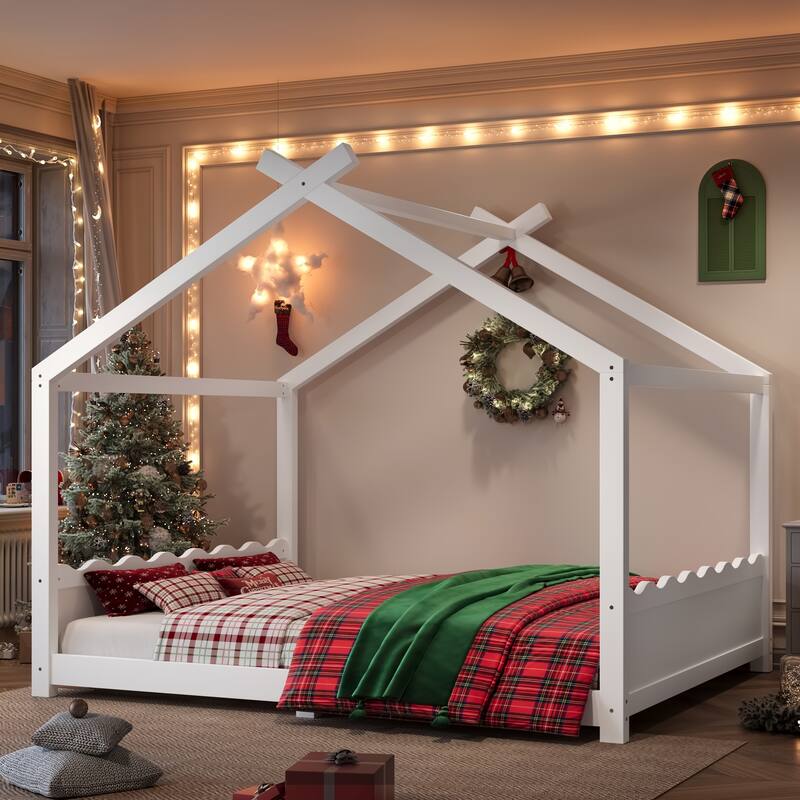 Wood House Bed Floor Bed with Support Slats Montessori Bed - Light White - Queen