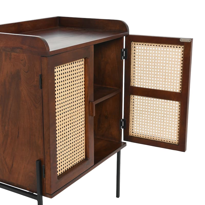 Solid Wood Bar Cabinet with Metal Legs and Woven Cane Doors