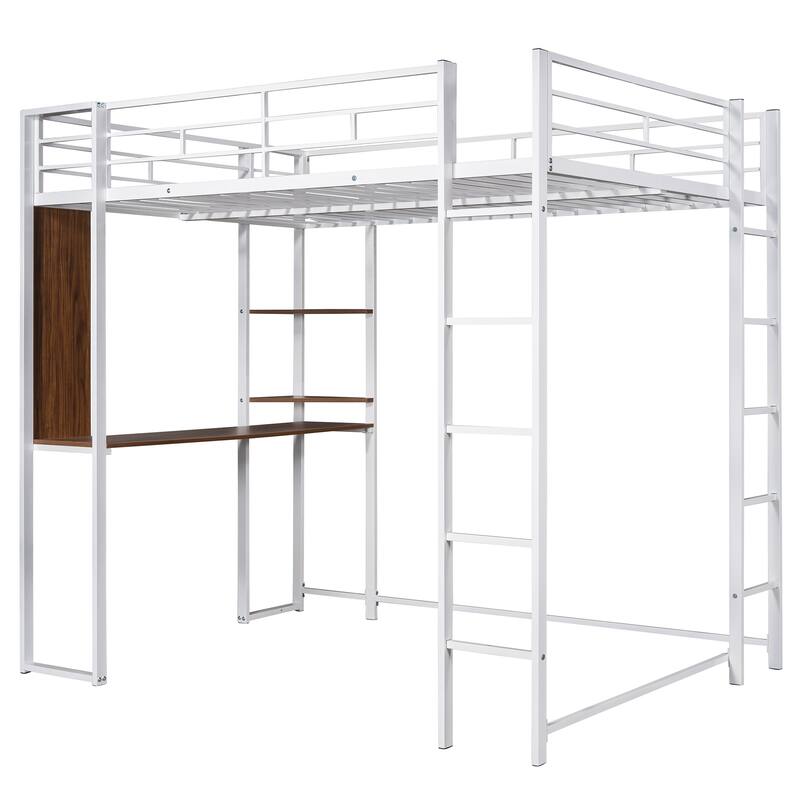 Full Size Metal Loft Bed with Desk and 2 Shelves, White